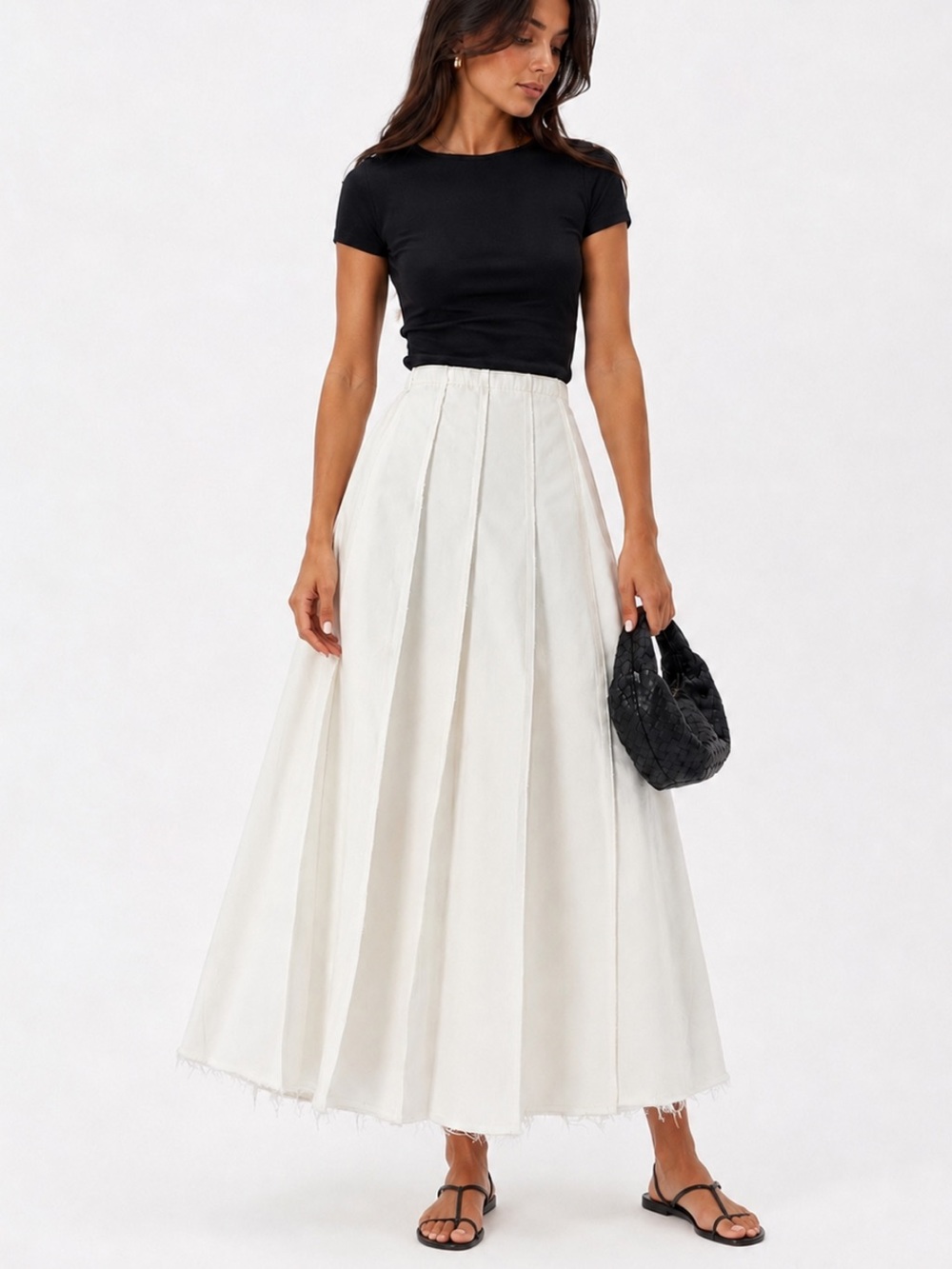 Massimo Dutti maxi raw hem pleated cream high waist A-line denim skirt Sz S